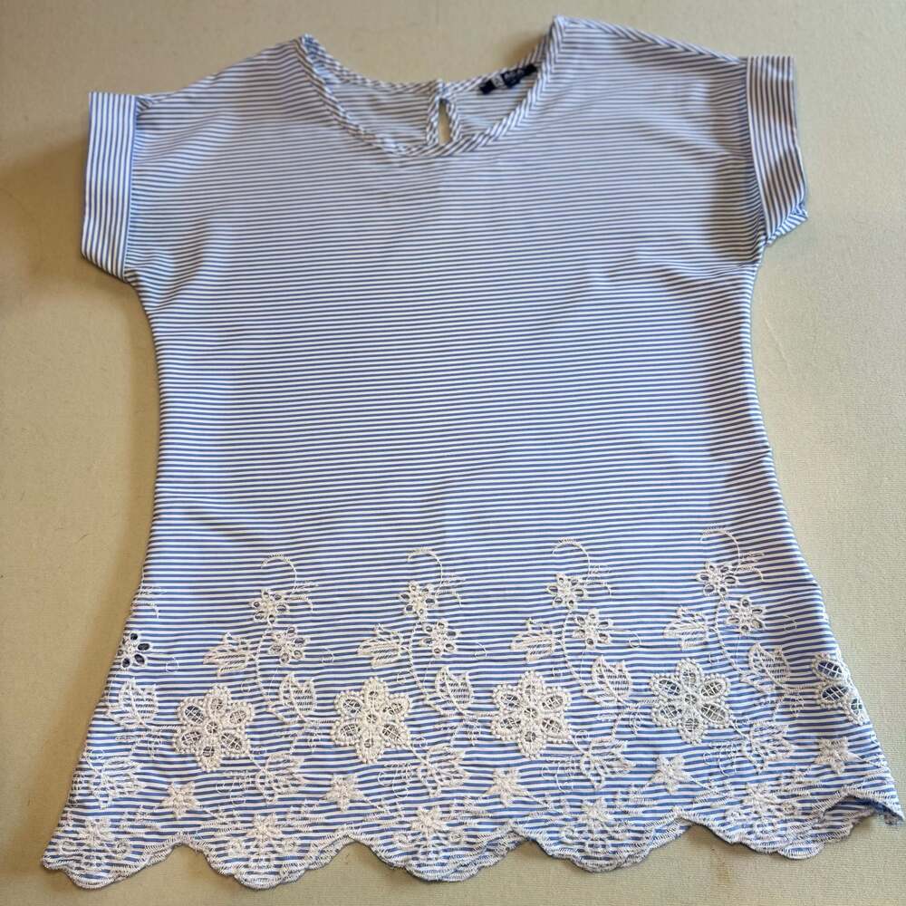 Aca Aca Joe Blue and White Striped Short Sleeve Top with Floral Lace Embroidery
